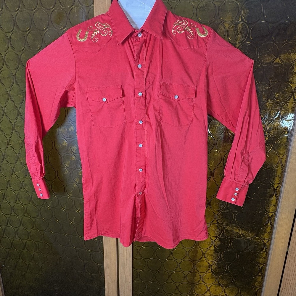 Western VTG Red Shirt Gold Embroidery Snaps Country Long Sleeve Boys Sz 18 T